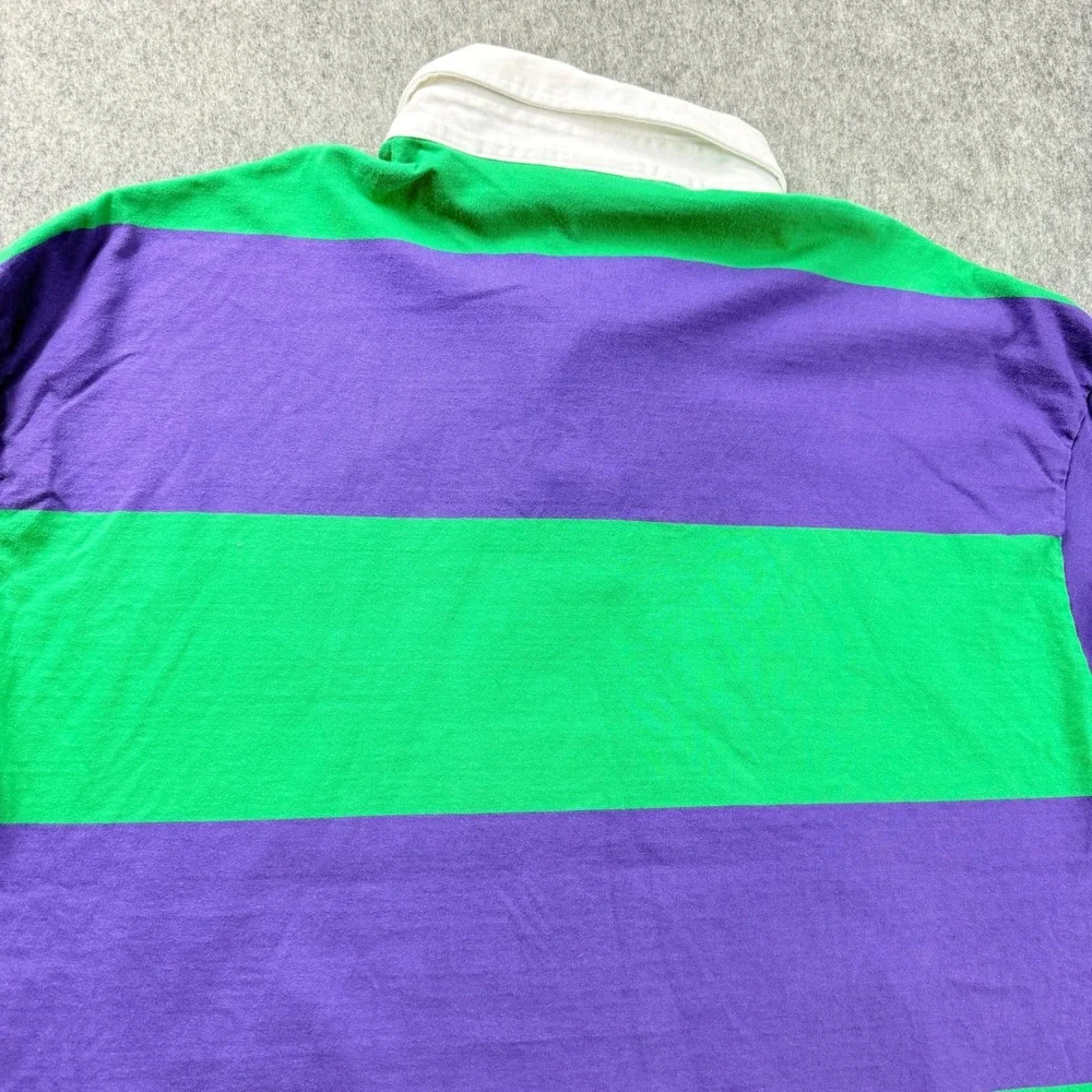 H&M Polo Shirt Mens 2XL Green Navy Stripe Rugby Long Sleeve Top 90s Style